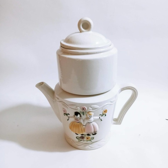 Vintage Porcelier Vitreous Butch Boy & Girl Coffee Pot Teapot 3pc (su1) - Picture 1 of 10